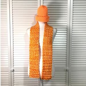 NWT Handmade Crocheted Orange Textured Beanie & Scarf 57”